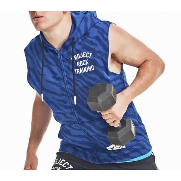 NEW Under Armour Project Rock Mens Blue Training Vest 2XL Hooded Fleece Full Zip - Picture 3 of 4